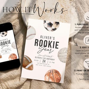 May include: A digital invitation template for a boy's first birthday party. The invitation features a watercolor illustration of various sports balls, including a baseball, football, basketball, soccer ball, and volleyball. The text on the invitation reads "Oliver's Rookie Year" and includes details about the party, such as the date, time, and location.