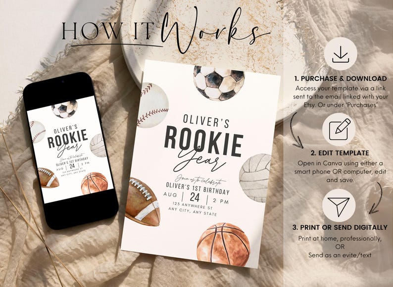 May include: A digital invitation template for a boy's first birthday party. The invitation features a watercolor illustration of various sports balls, including a baseball, football, basketball, soccer ball, and volleyball. The text on the invitation reads "Oliver's Rookie Year" and includes details about the party, such as the date, time, and location.
