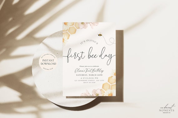 First Bee Day Birthday Invitation 1st Bee-Day Party Invite First Birthday Boho Invitation Bumble Bee Invite 1st Birthday Invite for Girl