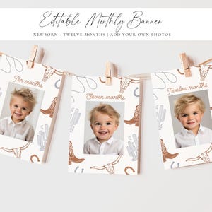 May include: A set of 3 printable monthly baby milestone banners with a western theme. Each banner features a white background with illustrations of cacti, cowboy boots, and a skull. The banners are labeled "Ten months", "Eleven months", and "Twelve months".