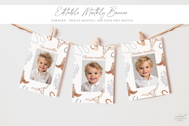 May include: A set of 3 printable monthly baby milestone banners with a western theme. Each banner features a white background with illustrations of cacti, cowboy boots, and a skull. The banners are labeled "Ten months", "Eleven months", and "Twelve months".