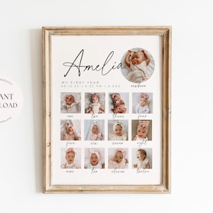 May include: A printable baby's first year photo collage with a white background and a gold frame. The collage features 12 photos of a baby girl, one for each month of the year. The baby's name, Amelia, is written in cursive at the top of the collage. The text "My First Year" is below the name, along with the baby's birthdate and time. The numbers one through twelve are written below each photo.