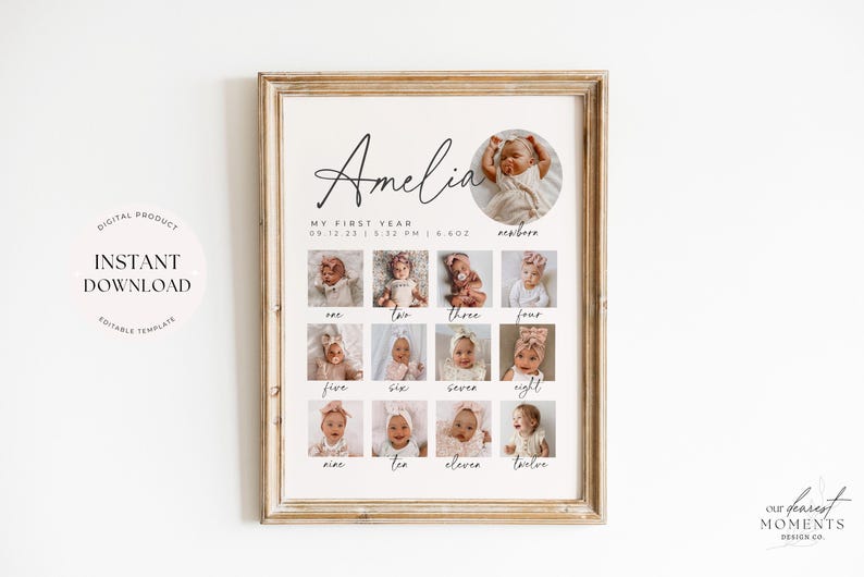 May include: A printable baby's first year photo collage with a white background and a gold frame. The collage features 12 photos of a baby girl, one for each month of the year. The baby's name, Amelia, is written in cursive at the top of the collage. The text "My First Year" is below the name, along with the baby's birthdate and time. The numbers one through twelve are written below each photo.
