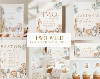 Editable Two Wild Boy Birthday Bundle Safari Animal Birthday Package 2nd Birthday Invite Set Minimalist Boho First Birthday Jungle 2 nd Boys