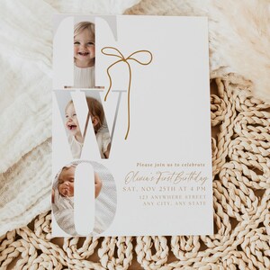 May include: A white invitation card with the word "TWO" in large letters, featuring photos of a baby and toddler. The card includes text inviting guests to Olivia's First Birthday.