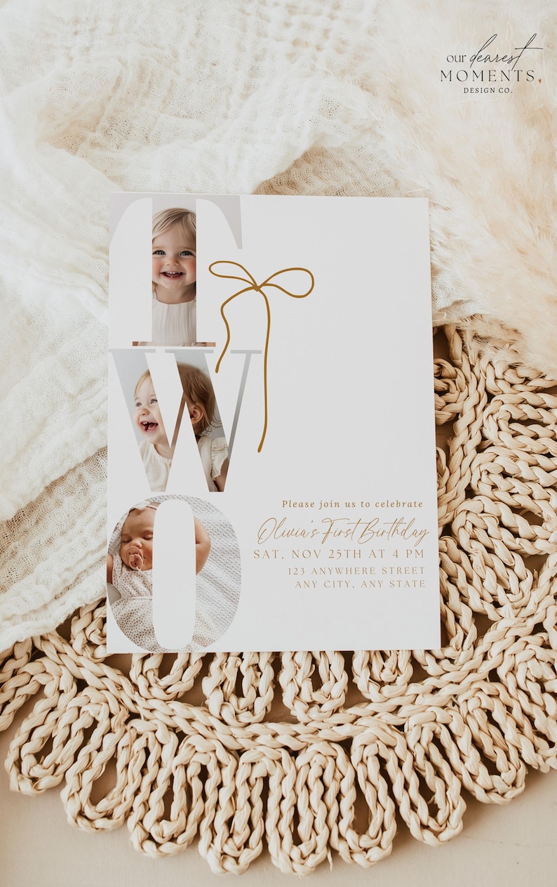 May include: A white invitation card with the word "TWO" in large letters, featuring photos of a baby and toddler. The card includes text inviting guests to Olivia's First Birthday.