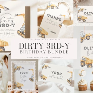 Peut inclure: Un ensemble de modèles imprimables et modifiables pour une fête d'anniversaire de 3 ans sur le thème du chantier. L'ensemble comprend une invitation d'anniversaire, des étiquettes de remerciement, des décorations de cupcakes et des pancartes. Le design présente des illustrations à l'aquarelle de camions et d'excavateurs jaunes.