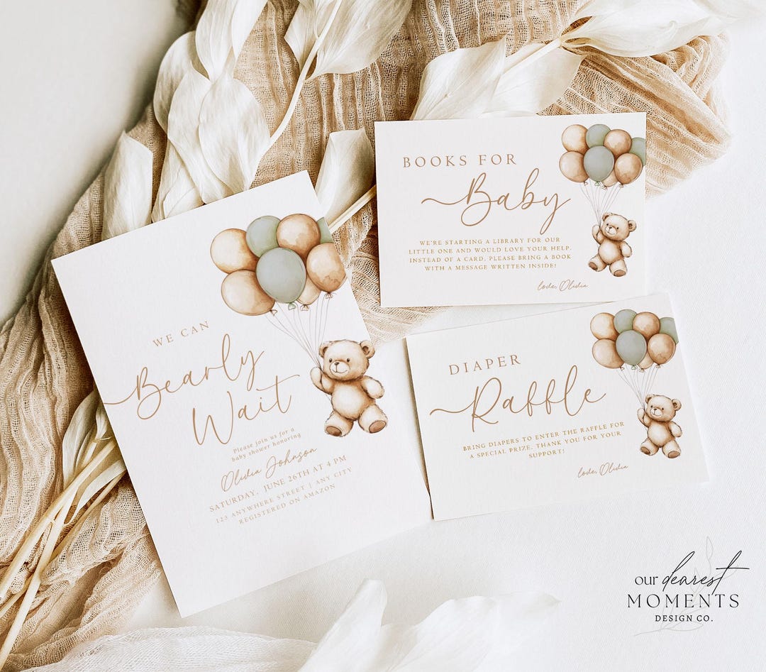 Editable We Can Bearly Wait Baby Shower Invitation Suite Teddy Bear ...