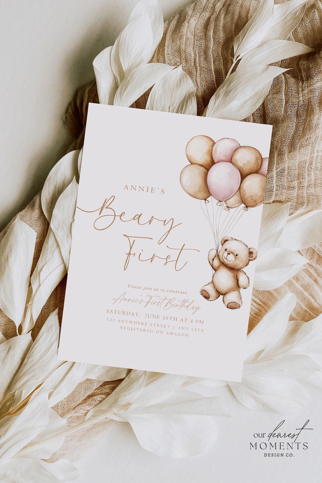 Editable Beary First Girl Birthday Invitation 1st Birthday Teddy Bear ...