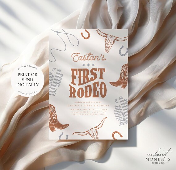 Editable First Rodeo Birthday Invitation Boy Rodeo 1st Birthday Invite Cowboy Western Birthday Invite Rodeo 1 st Birthday Retro Wild West