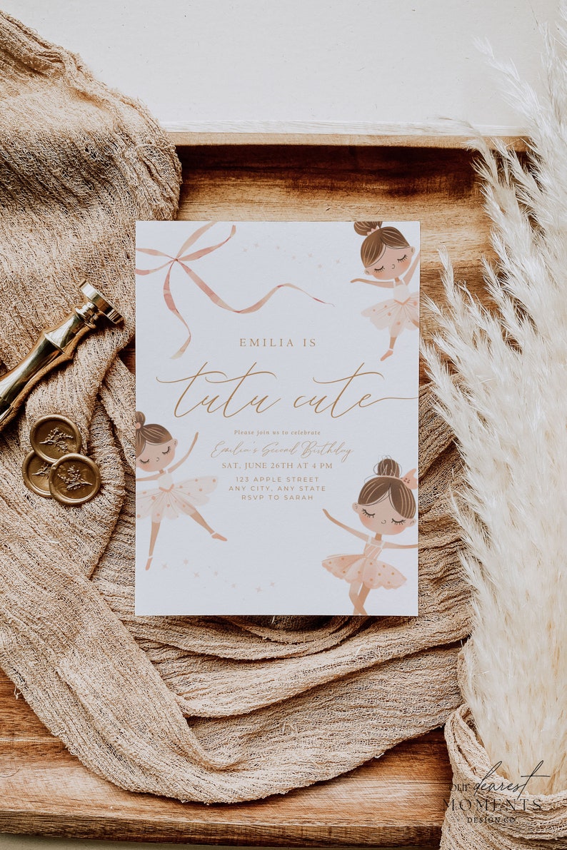 May include: A light-colored invitation card with the text "Emilia is tutu cute" and illustrations of ballerinas. The card includes event details: date, time, and location. The design features a soft, pastel color palette.