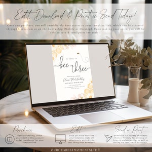 May include: A digital invitation template for a child's third birthday party. The invitation features a bee and honeycomb design with the text "So Sweet to Bee Three" and "Olivia's Third Birthday".