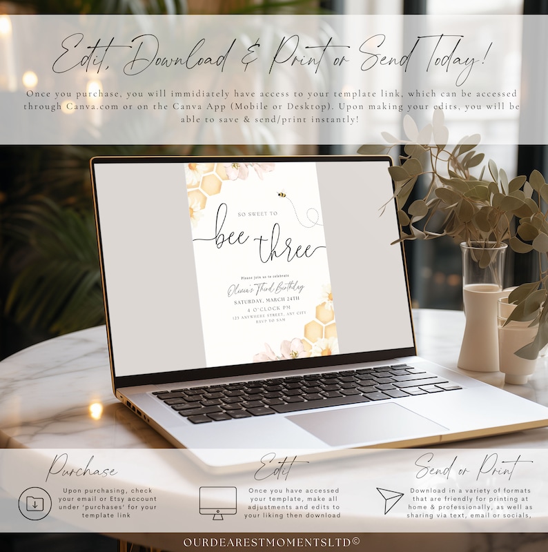 May include: A digital invitation template for a child's third birthday party. The invitation features a bee and honeycomb design with the text "So Sweet to Bee Three" and "Olivia's Third Birthday".