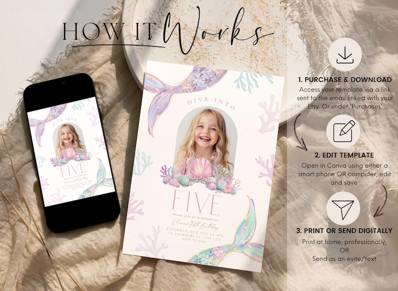 May include: A printable mermaid-themed birthday invitation with a pink and blue color scheme. The invitation features a mermaid tail, seashells, and coral. The text on the invitation reads "Dive into Five".