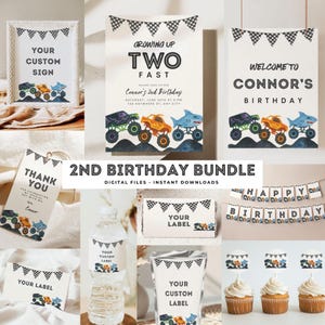 May include: A set of digital birthday party printables featuring monster truck designs. Includes invitations, signs, labels, and cupcake toppers. The colour scheme includes green, orange, and blue, with checkered flag details. Text includes "2nd Birthday Bundle".