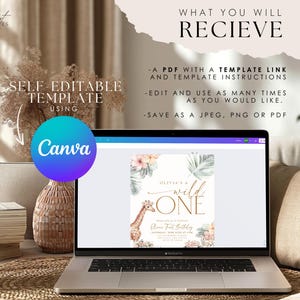 May include: A laptop screen displaying a Canva design template for a wild one birthday party invitation. The invitation features a giraffe, floral elements, and the text "Olivia's a Wild One".