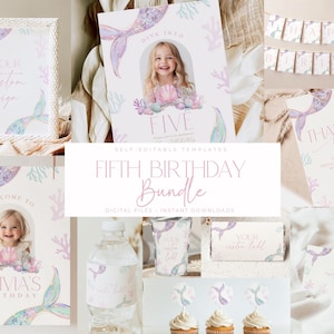 May include: A collection of mermaid-themed party supplies, including invitations, welcome signs, and cupcake toppers. The designs feature mermaid tails, coral, and the text "Fifth Birthday Bundle". The color palette includes pastel purples, pinks, and greens.