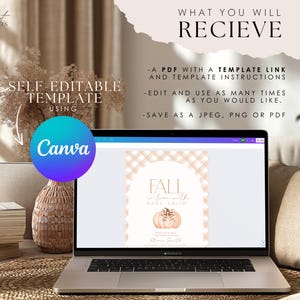 Pode incluir: Uma maquete digital de uma tela de laptop exibindo um modelo de convite para ch&aacute; de beb&ecirc; imprim&iacute;vel. O convite apresenta um padr&atilde;o xadrez rosa e branco com uma ab&oacute;bora de aquarela e o texto "O outono est&aacute; no ar com Baby Smith". O texto "Modelo autoedit&aacute;vel usando Canva" &eacute; exibido na imagem.