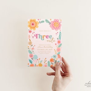 May include: A pink and white floral birthday invitation with the text "You're invited to a Three-esta Livin's third birthday" and details for the party. The invitation is decorated with colorful flowers and a bird.