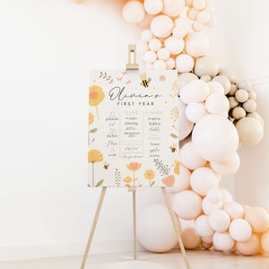 May include: A white poster with a floral design and a bee motif. The poster is titled "Olivia's First Year" and lists milestones such as weight, height, and favorite foods. The poster is displayed on a wooden easel.
