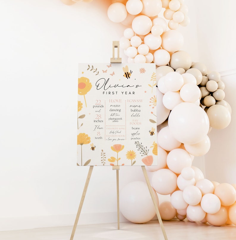 May include: A white poster with a floral design and a bee motif. The poster is titled "Olivia's First Year" and lists milestones such as weight, height, and favorite foods. The poster is displayed on a wooden easel.