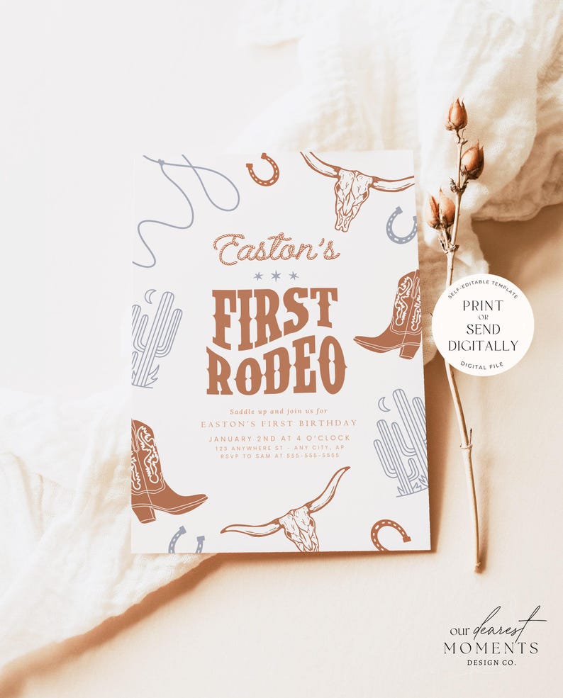 May include: A white invitation card with a rodeo theme. The card features brown cowboy boots, a bull skull, horseshoes, and cacti. Text includes "Easton's First Rodeo" and event details. A digital file option is also available.