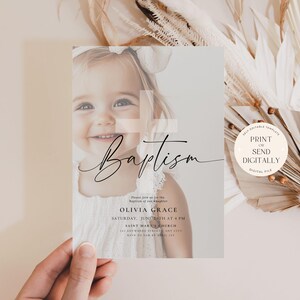 May include: A baptism invitation featuring a smiling child. The invitation has the word "Baptism" in elegant script, along with event details. A circular sticker reads "Print or Send Digitally".