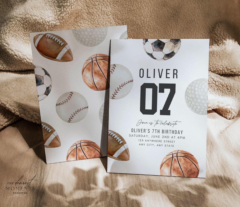 May include: Two rectangular birthday invitation cards featuring watercolour illustrations of a football, basketball, baseball, soccer ball, and golf ball. The right card displays the text OLIVER 07, Join us to celebrate, OLIVER'S 7TH BIRTHDAY, SATURDAY, JUNE 2ND AT 4PM, 125 ANYWHERE STREET, ANY CITY, ANY STATE.