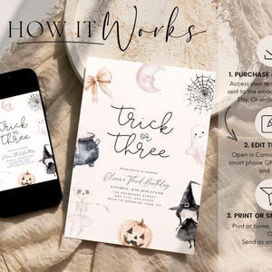 May include: Printable Halloween party invitation with a pink and white watercolour design. The invitation says "Trick or Three" and features a witch, a ghost, a cauldron, a pumpkin, and a spider web. The invitation is for a child's third birthday party.