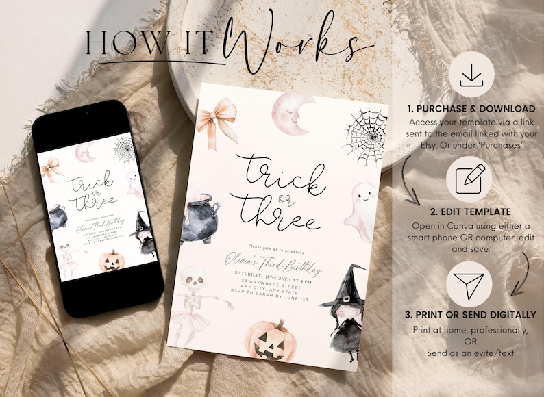 May include: Printable Halloween party invitation with a pink and white watercolour design. The invitation says "Trick or Three" and features a witch, a ghost, a cauldron, a pumpkin, and a spider web. The invitation is for a child's third birthday party.