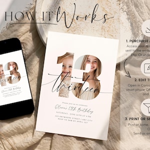 Op de afbeelding: Een witte printbare uitnodiging met een foto van twee kinderen in het getal 13. De tekst luidt "Olivia's 13th Birthday" en bevat de datum, tijd en RSVP-informatie.