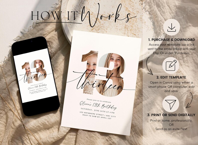 Op de afbeelding: Een witte printbare uitnodiging met een foto van twee kinderen in het getal 13. De tekst luidt "Olivia's 13th Birthday" en bevat de datum, tijd en RSVP-informatie.