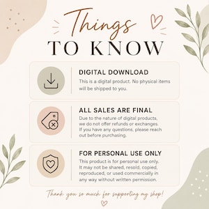 Puede incluir: Gr&aacute;fico de informaci&oacute;n de producto digital con el texto "Things To Know". El gr&aacute;fico incluye detalles sobre descargas digitales, ventas finales y solo para uso personal. El dise&ntilde;o presenta una paleta de colores neutros con elementos decorativos.