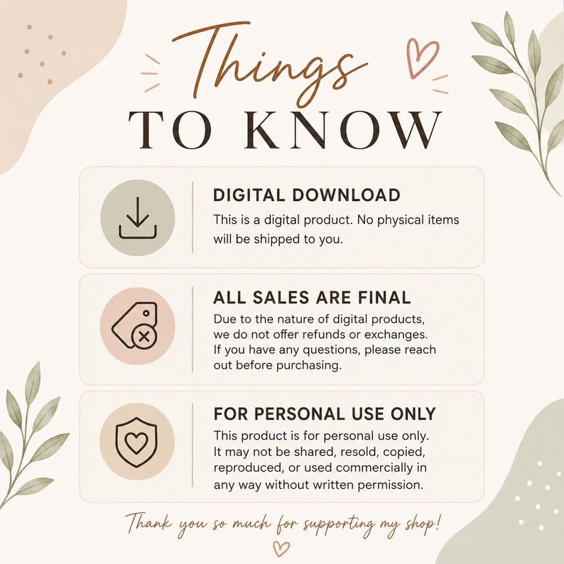 Puede incluir: Gr&aacute;fico de informaci&oacute;n de producto digital con el texto "Things To Know". El gr&aacute;fico incluye detalles sobre descargas digitales, ventas finales y solo para uso personal. El dise&ntilde;o presenta una paleta de colores neutros con elementos decorativos.