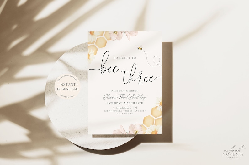 May include: A printable invitation for a child's third birthday party. The invitation features a bee and honeycomb design with the text "So sweet to bee three". The invitation also includes the child's name, the date and time of the party, and the address.