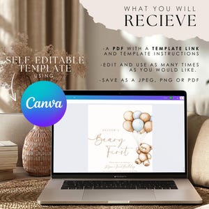 May include: A digital template for a baby shower invitation with a teddy bear holding balloons. The text on the invitation reads "Oliver's Beary First".
