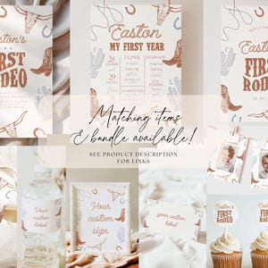 May include: A collection of rodeo-themed party decorations, including signs, labels, and cupcake toppers. The designs feature cowboy boots, longhorn skulls, and cacti in shades of brown and beige. Text includes "Easton's First Rodeo" and "Thank You".