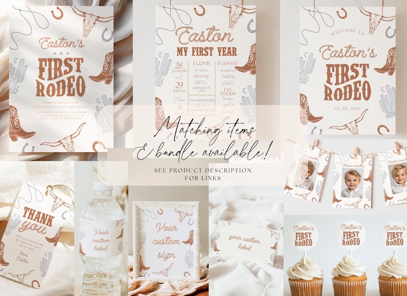 May include: A collection of rodeo-themed party decorations, including signs, labels, and cupcake toppers. The designs feature cowboy boots, longhorn skulls, and cacti in shades of brown and beige. Text includes "Easton's First Rodeo" and "Thank You".