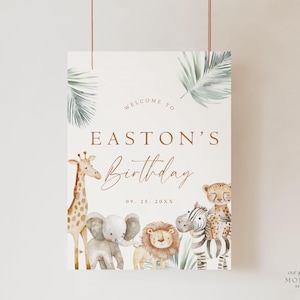 May include: Welcome to Easton's Birthday, a jungle-themed party invitation with a watercolor illustration of a giraffe, elephant, lion, and zebra. The date is 09.25.20XX.