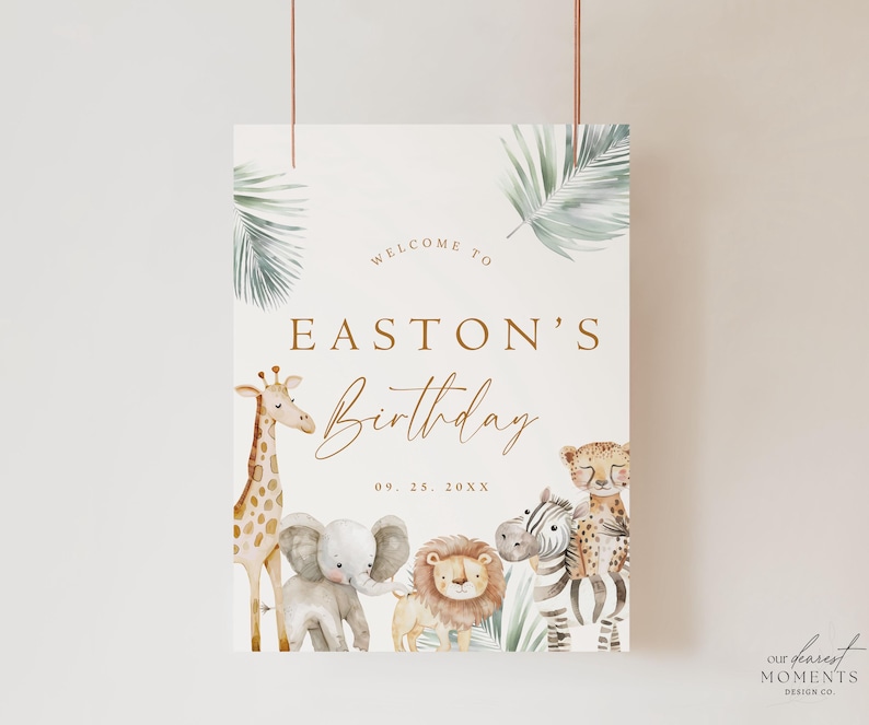 May include: Welcome to Easton's Birthday, a jungle-themed party invitation with a watercolor illustration of a giraffe, elephant, lion, and zebra. The date is 09.25.20XX.