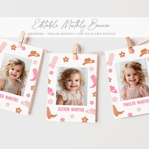 May include: A printable monthly banner with a pink and brown cowboy boot and hat pattern. The banner includes 12 frames for photos, with the text "TEN MONTHS", "ELEVEN MONTHS", and "TWELVE MONTHS" visible.