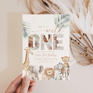 May include: A birthday invitation with the text "HE'S A WILD ONE" and the words "ONE" with photos of a child. The invitation features watercolor illustrations of safari animals, including a giraffe, elephant, lion, zebra, and cheetah.