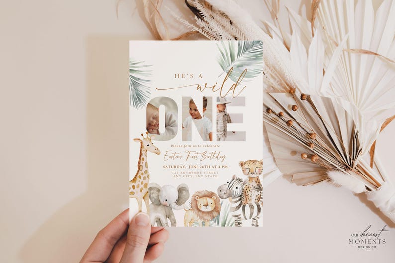 May include: A birthday invitation with the text "HE'S A WILD ONE" and the words "ONE" with photos of a child. The invitation features watercolor illustrations of safari animals, including a giraffe, elephant, lion, zebra, and cheetah.