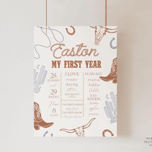 May include: A printable first year milestone chart for a baby boy named Easton. The chart features a rustic western theme with illustrations of cacti, cowboy boots, horseshoes, and a skull. It includes details like weight, height, favorite foods, and first words.