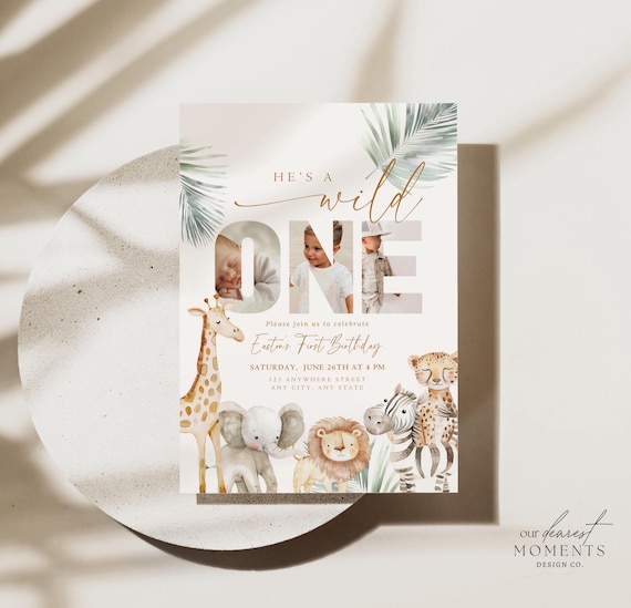 Editable Wild One Boy Birthday Invitation Safari Animal Birthday Invitation 1st Birthday Invite with Photo Boho First Birthday Jungle 1 st