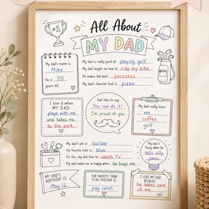 Puede incluir: Una impresi&oacute;n enmarcada titulada "All About My Dad" con texto e ilustraciones manuscritos. La impresi&oacute;n incluye informaci&oacute;n sobre el nombre, la edad, el trabajo, el color favorito y las actividades del padre. La impresi&oacute;n est&aacute; en un marco de madera.