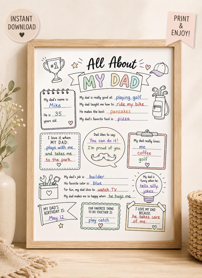 Puede incluir: Una impresi&oacute;n enmarcada titulada "All About My Dad" con texto e ilustraciones manuscritos. La impresi&oacute;n incluye informaci&oacute;n sobre el nombre, la edad, el trabajo, el color favorito y las actividades del padre. La impresi&oacute;n est&aacute; en un marco de madera.