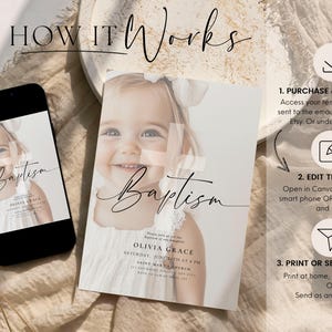 May include: A smartphone displays a baptism invitation next to a printed invitation. The invitation features a smiling baby girl and the word "Baptism" in elegant script. Instructions on how to use the template are also shown.