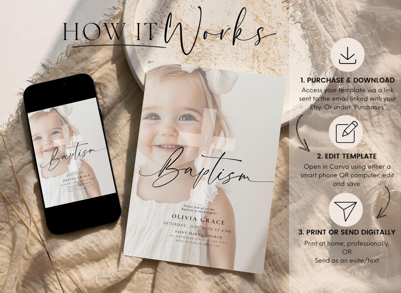 May include: A smartphone displays a baptism invitation next to a printed invitation. The invitation features a smiling baby girl and the word "Baptism" in elegant script. Instructions on how to use the template are also shown.