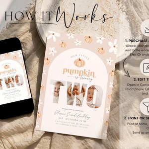 Puede incluir: Una invitaci&oacute;n digital con tema de calabaza para un segundo cumplea&ntilde;os. El dise&ntilde;o incluye el texto "Our Little Pumpkin is turning TWO" con fotos del ni&ntilde;o. La invitaci&oacute;n se muestra en un tel&eacute;fono y una tarjeta impresa.
